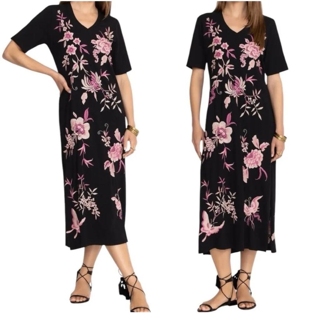 Johnny Was Trapunto Embroidered V Neck Midi KnIt Dress NWT